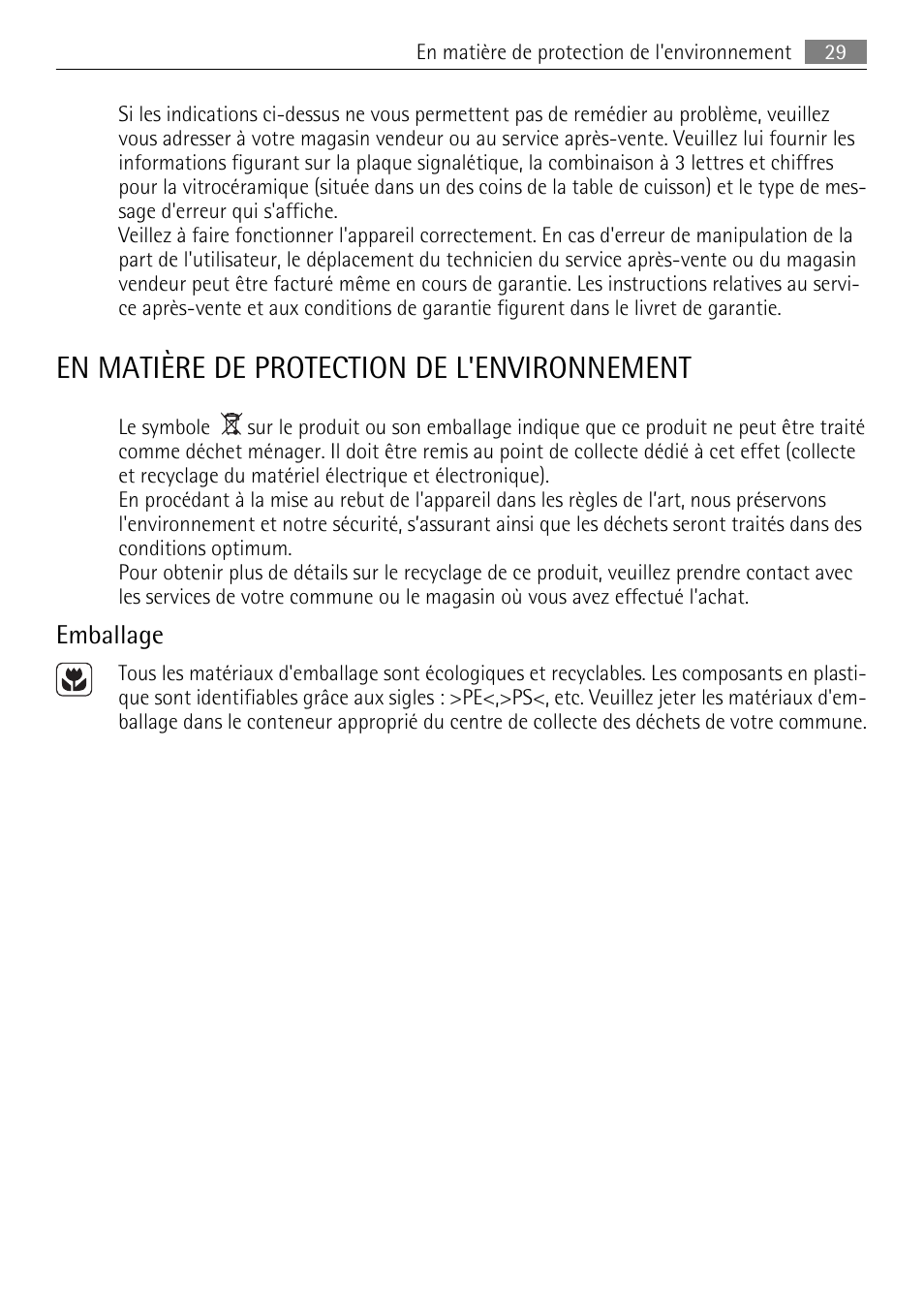 En matière de protection de l'environnement, Emballage | AEG HK312000MB User Manual | Page 29 / 52