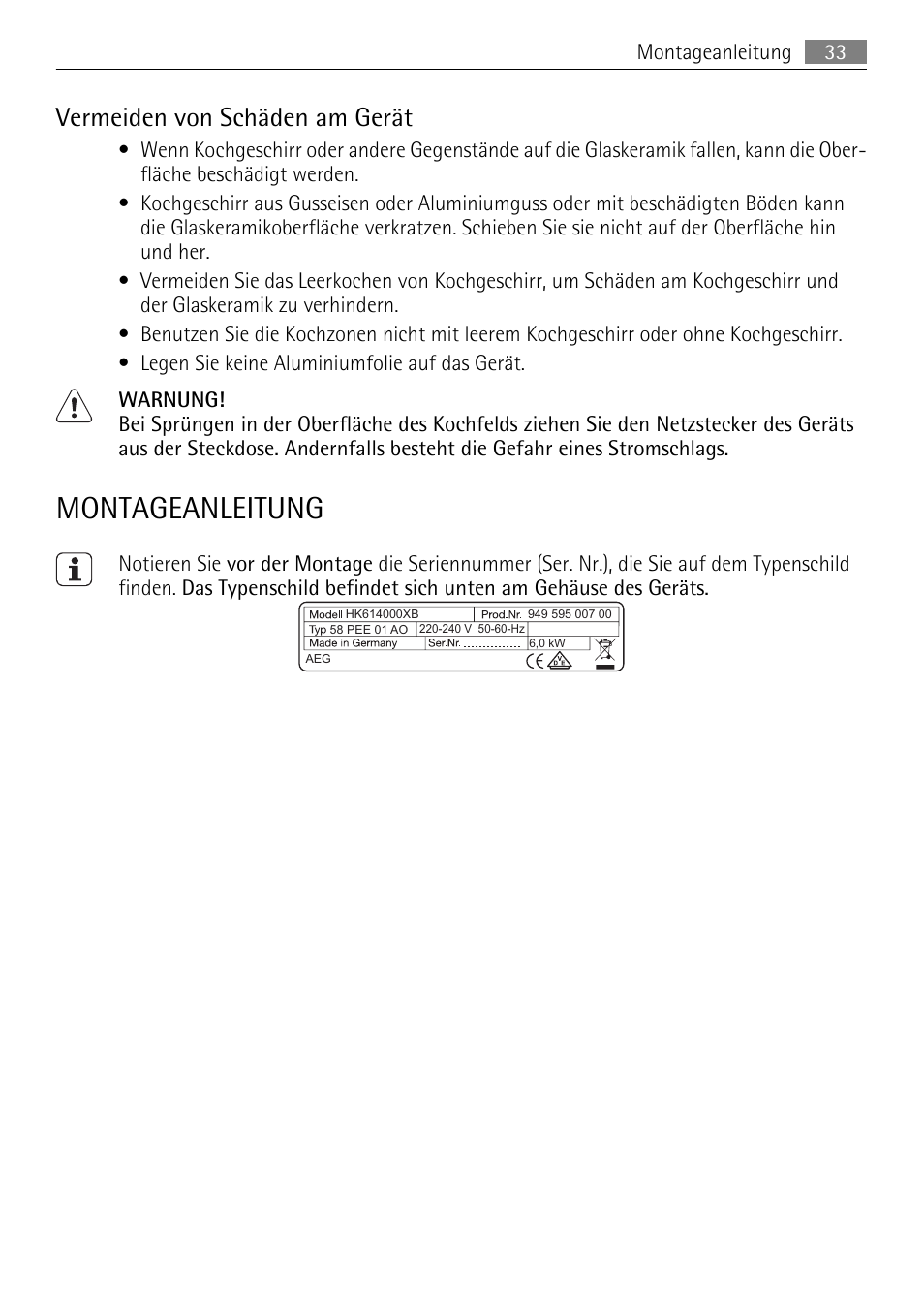 Montageanleitung, Vermeiden von schäden am gerät | AEG HK312000MB User Manual | Page 33 / 52