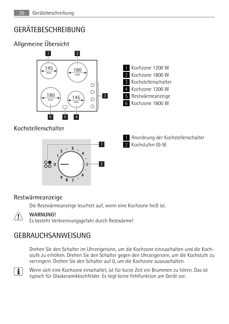 Gerätebeschreibung, Gebrauchsanweisung, Allgemeine übersicht | Kochstellenschalter, Restwärmeanzeige | AEG HK312000MB User Manual | Page 36 / 52