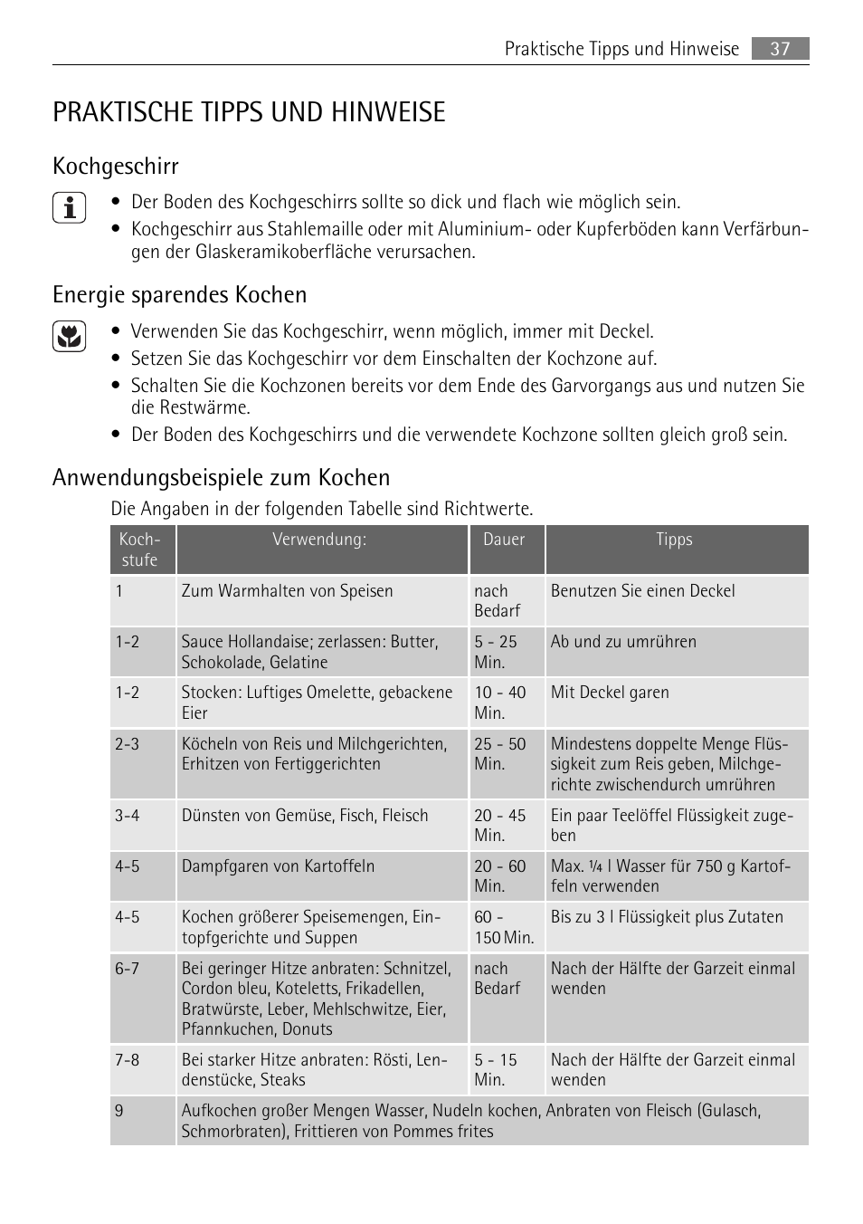 Praktische tipps und hinweise, Kochgeschirr, Energie sparendes kochen | Anwendungsbeispiele zum kochen | AEG HK312000MB User Manual | Page 37 / 52