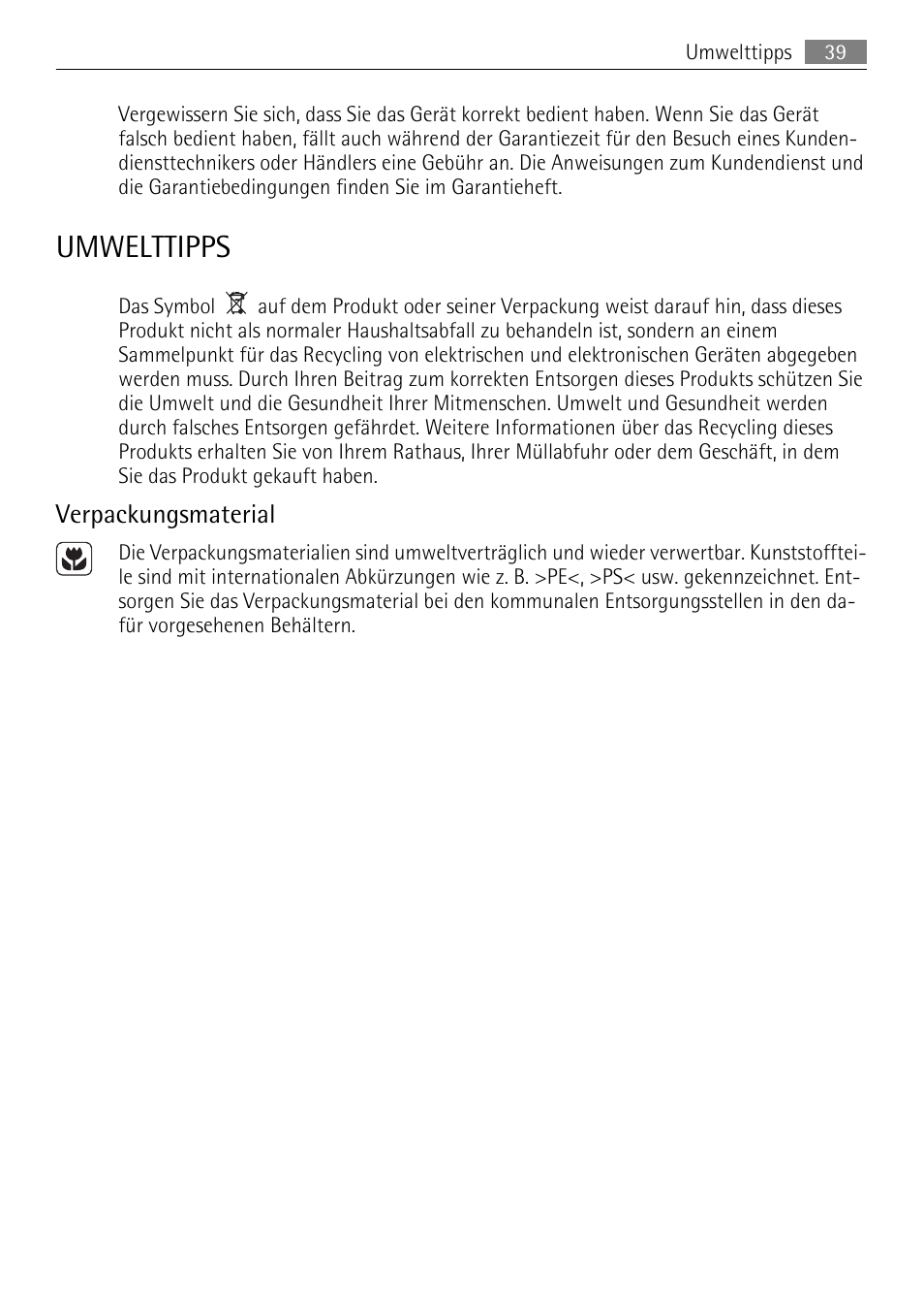 Umwelttipps, Verpackungsmaterial | AEG HK312000MB User Manual | Page 39 / 52
