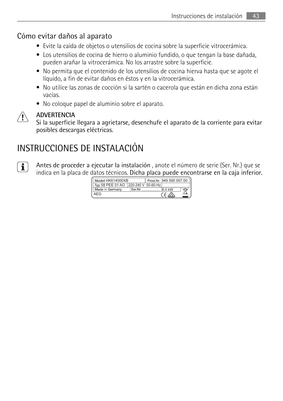 Instrucciones de instalación, Cómo evitar daños al aparato | AEG HK312000MB User Manual | Page 43 / 52