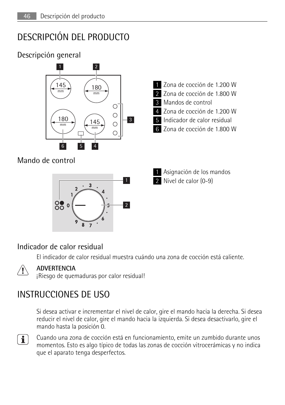 Descripción del producto, Instrucciones de uso, Descripción general | Mando de control, Indicador de calor residual | AEG HK312000MB User Manual | Page 46 / 52