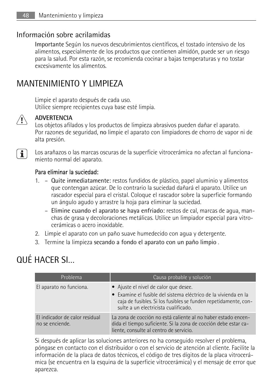 Mantenimiento y limpieza, Qué hacer si, Información sobre acrilamidas | AEG HK312000MB User Manual | Page 48 / 52