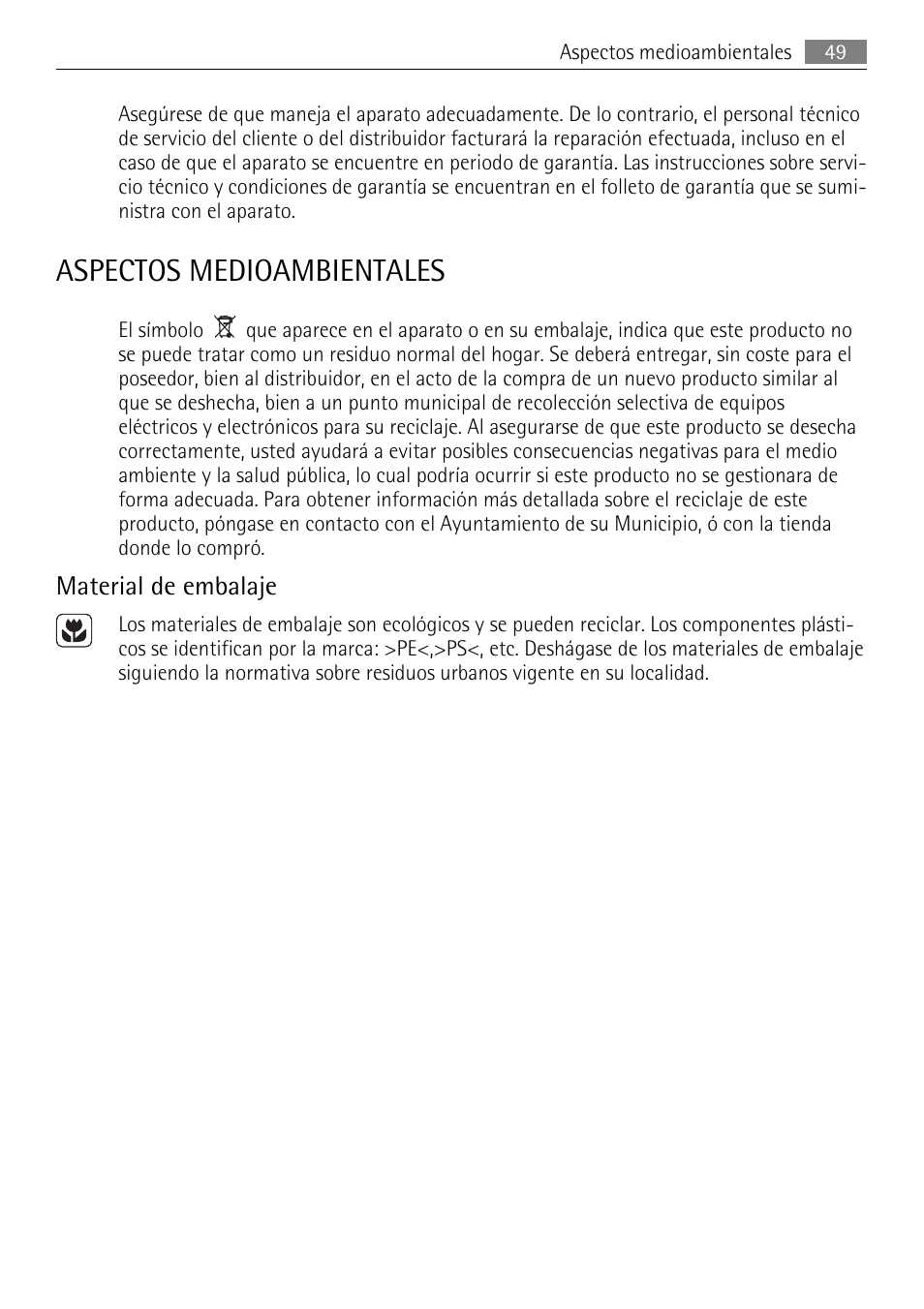 Aspectos medioambientales, Material de embalaje | AEG HK312000MB User Manual | Page 49 / 52