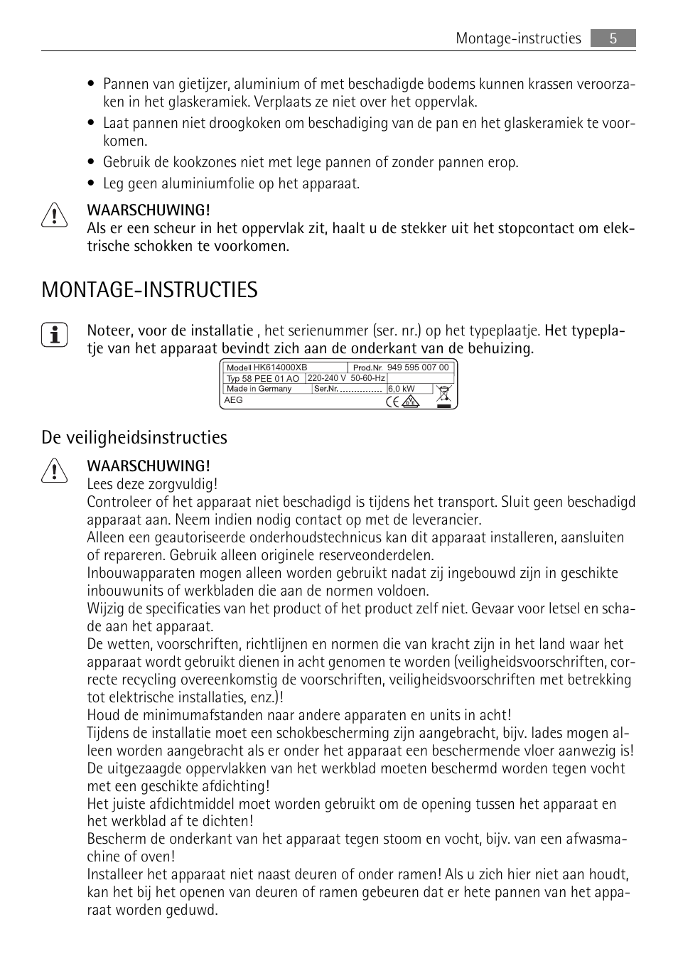 Montage-instructies, De veiligheidsinstructies | AEG HK312000MB User Manual | Page 5 / 52