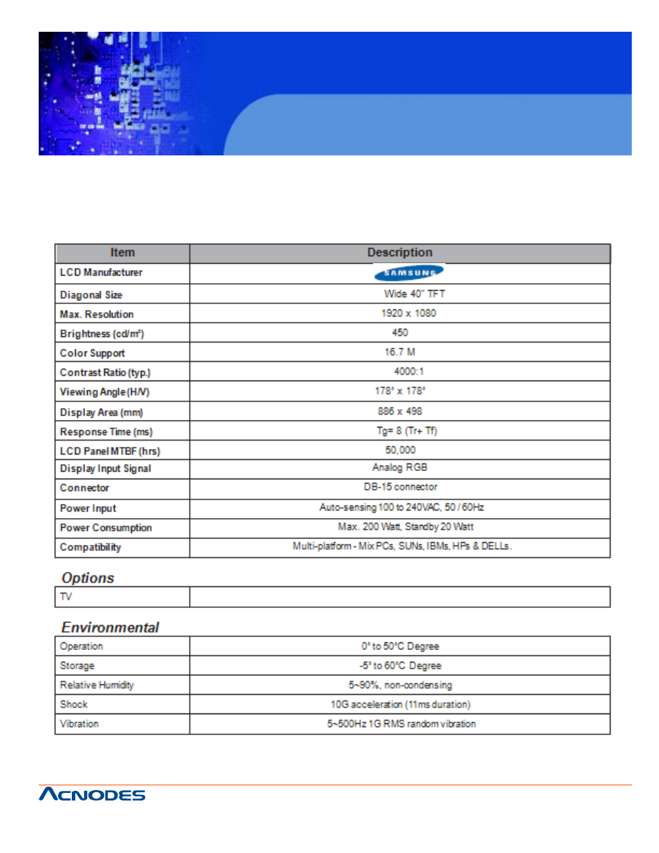 Apw 5400, Chapter 4 operation, 1 lcd specifications | Acnodes APW 5400 User Manual | Page 13 / 20