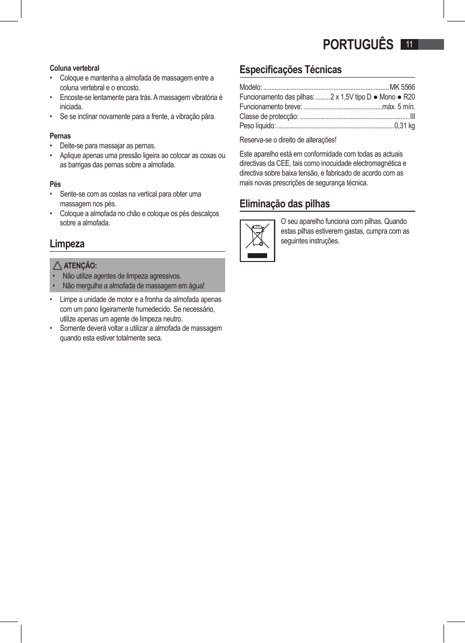 Português, Limpeza, Especificações técnicas | Eliminação das pilhas | AEG MK 5566 User Manual | Page 11 / 24