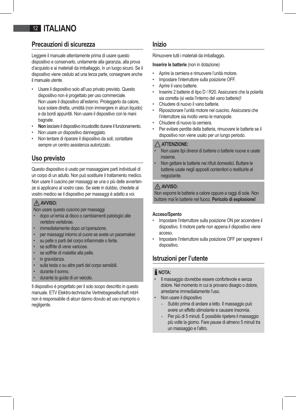 Italiano, Precauzioni di sicurezza, Uso previsto | Inizio, Istruzioni per l’utente | AEG MK 5566 User Manual | Page 12 / 24