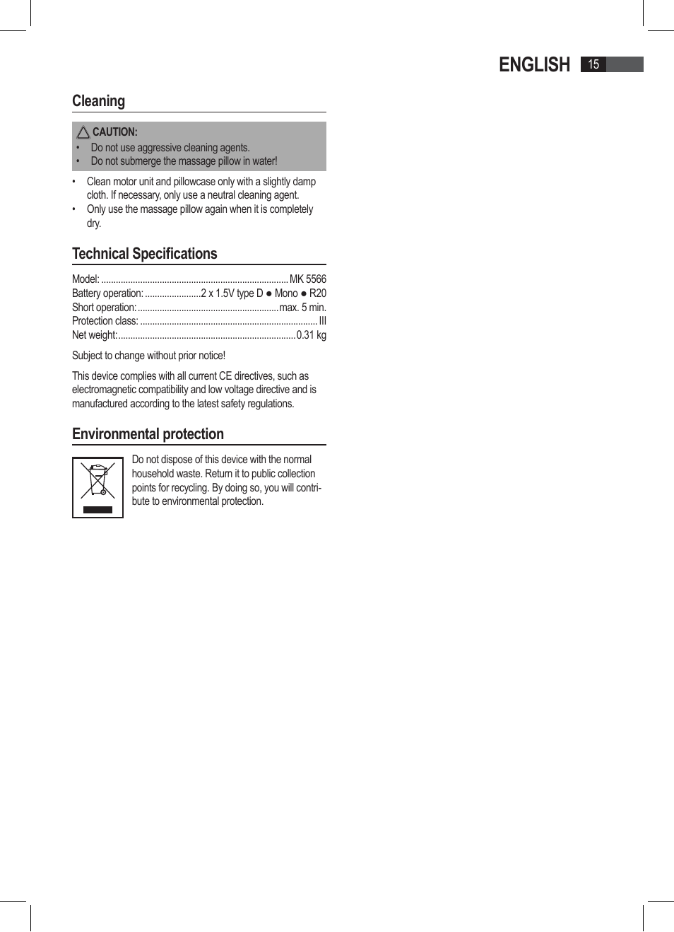 English, Cleaning, Technical specifications | Environmental protection | AEG MK 5566 User Manual | Page 15 / 24