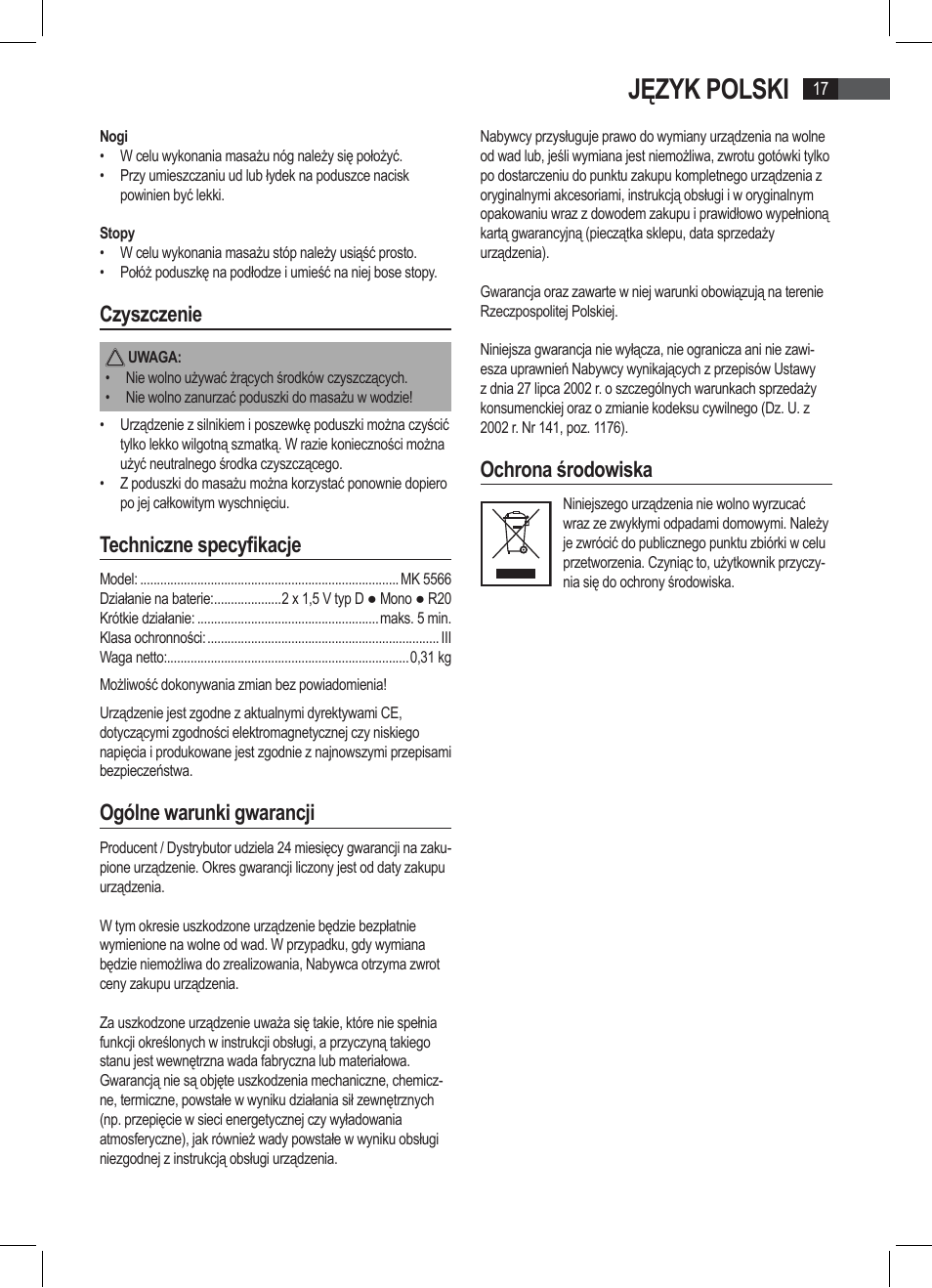 Język polski, Czyszczenie, Techniczne specyfikacje | Ogólne warunki gwarancji, Ochrona środowiska | AEG MK 5566 User Manual | Page 17 / 24