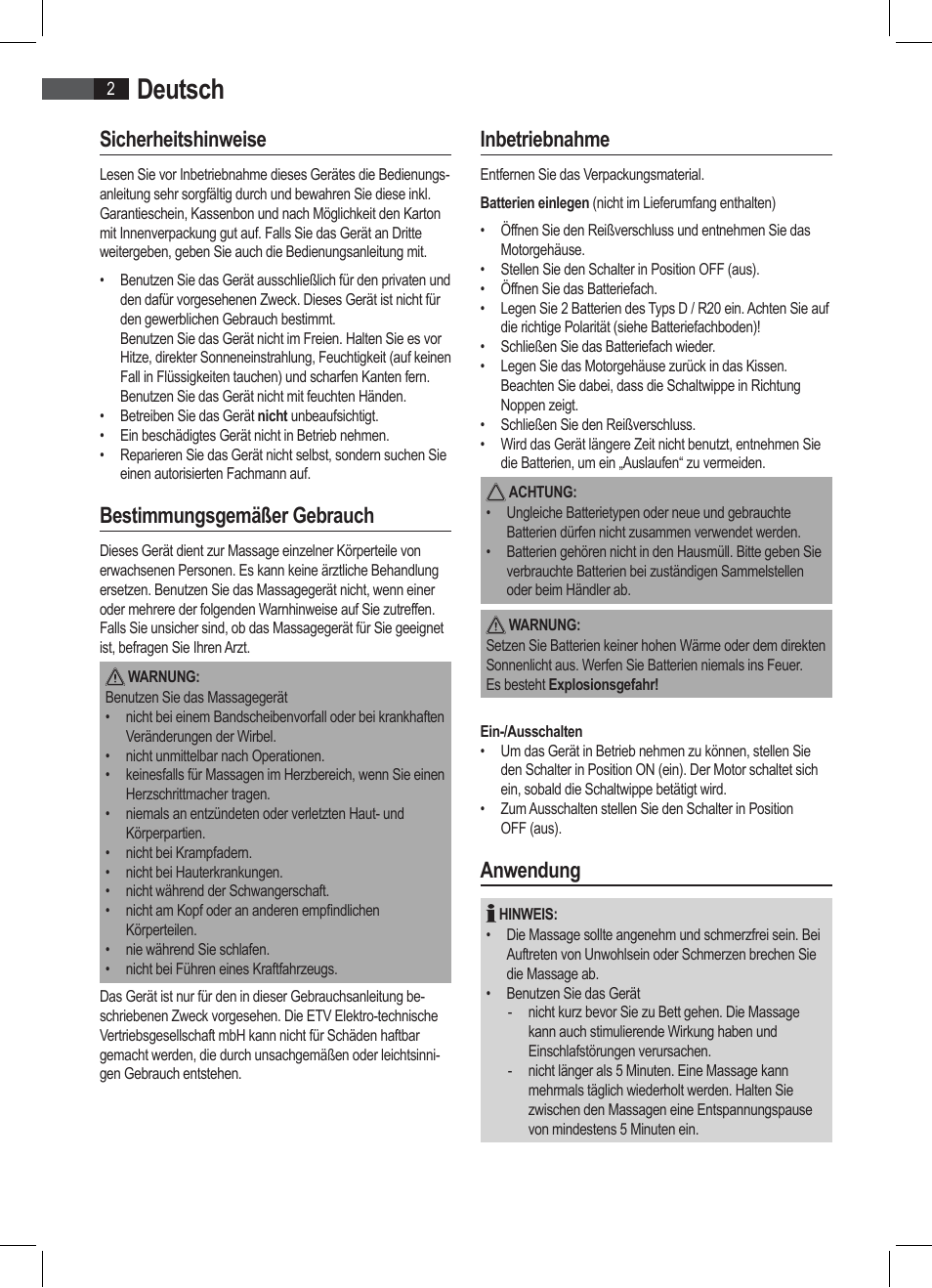 Deutsch, Sicherheitshinweise, Bestimmungsgemäßer gebrauch | Inbetriebnahme, Anwendung | AEG MK 5566 User Manual | Page 2 / 24