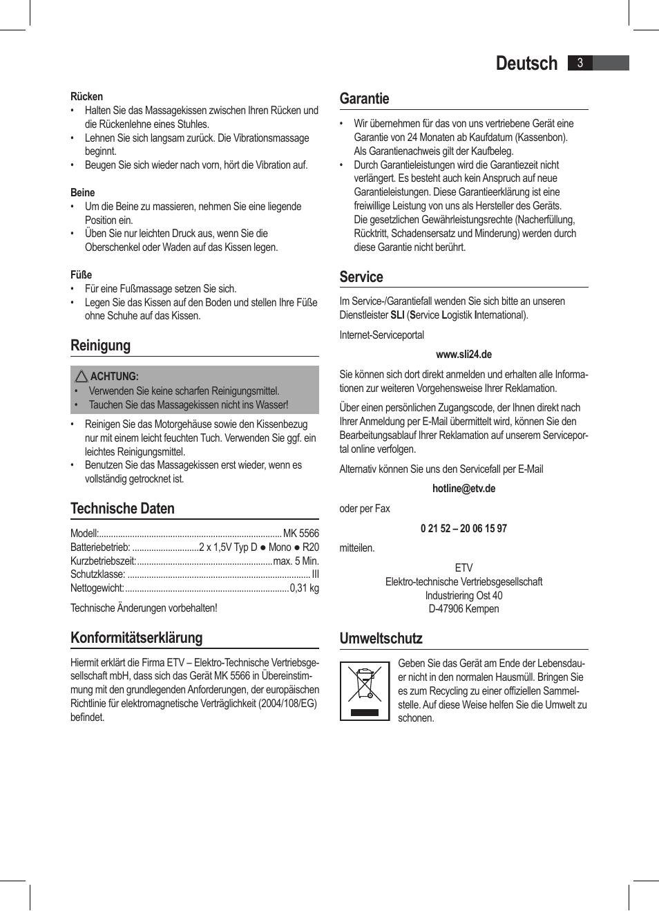 Deutsch, Reinigung, Technische daten | Konformitätserklärung, Garantie, Service, Umweltschutz | AEG MK 5566 User Manual | Page 3 / 24