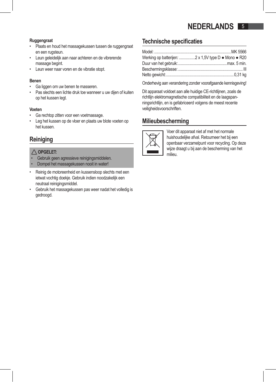 Nederlands, Reiniging, Technische specificaties | Milieubescherming | AEG MK 5566 User Manual | Page 5 / 24