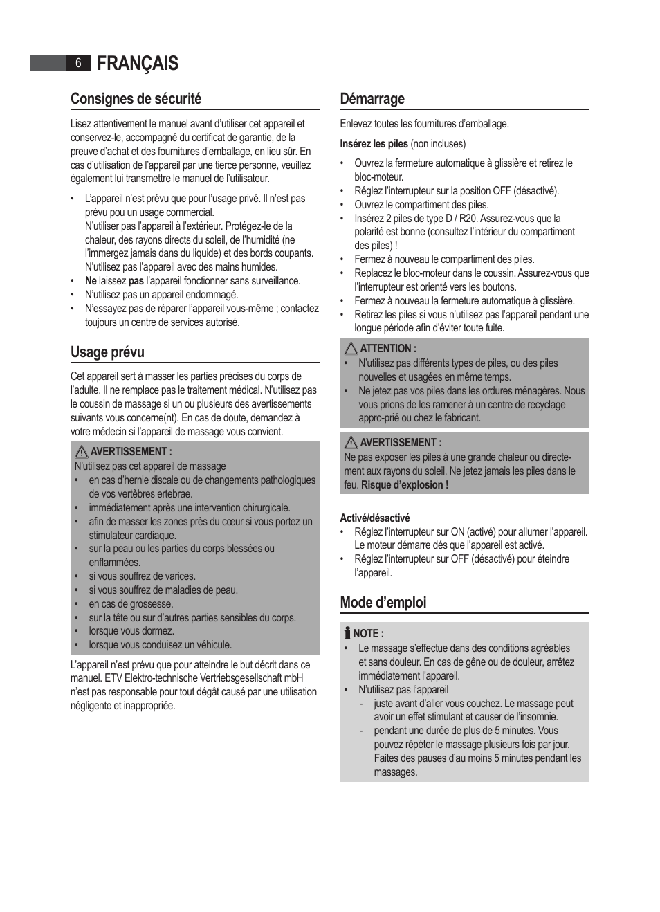 Français, Consignes de sécurité, Usage prévu | Démarrage, Mode d’emploi | AEG MK 5566 User Manual | Page 6 / 24