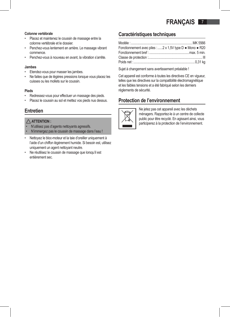 Français, Entretien, Caractéristiques techniques | Protection de l’environnement | AEG MK 5566 User Manual | Page 7 / 24