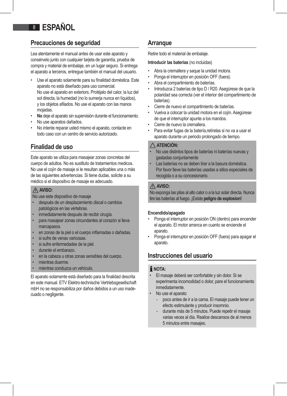 Español, Precauciones de seguridad, Finalidad de uso | Arranque, Instrucciones del usuario | AEG MK 5566 User Manual | Page 8 / 24