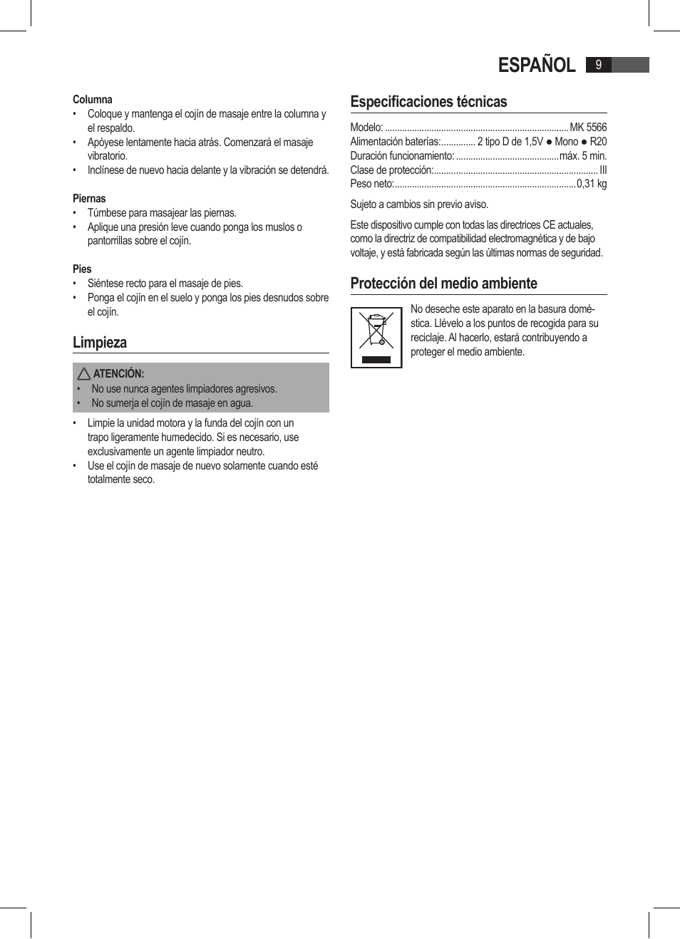 Español, Limpieza, Especificaciones técnicas | Protección del medio ambiente | AEG MK 5566 User Manual | Page 9 / 24