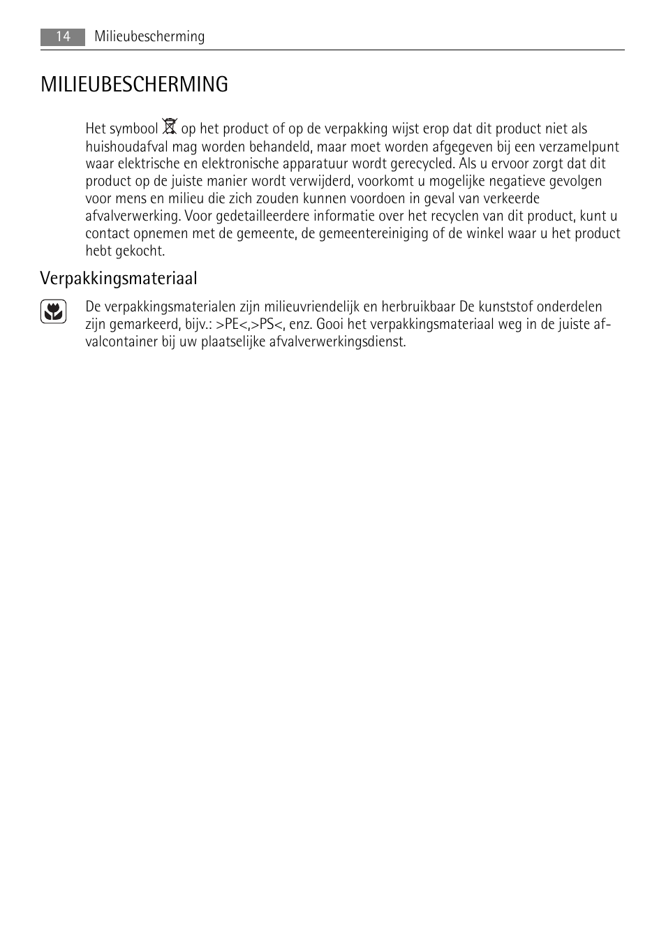 Milieubescherming, Verpakkingsmateriaal | AEG HE634079XB User Manual | Page 14 / 68