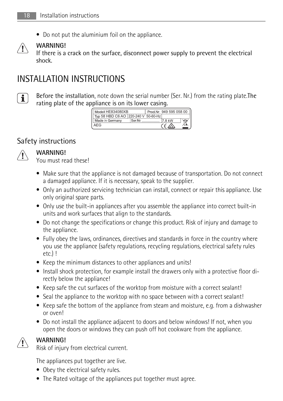 Installation instructions, Safety instructions | AEG HE634079XB User Manual | Page 18 / 68