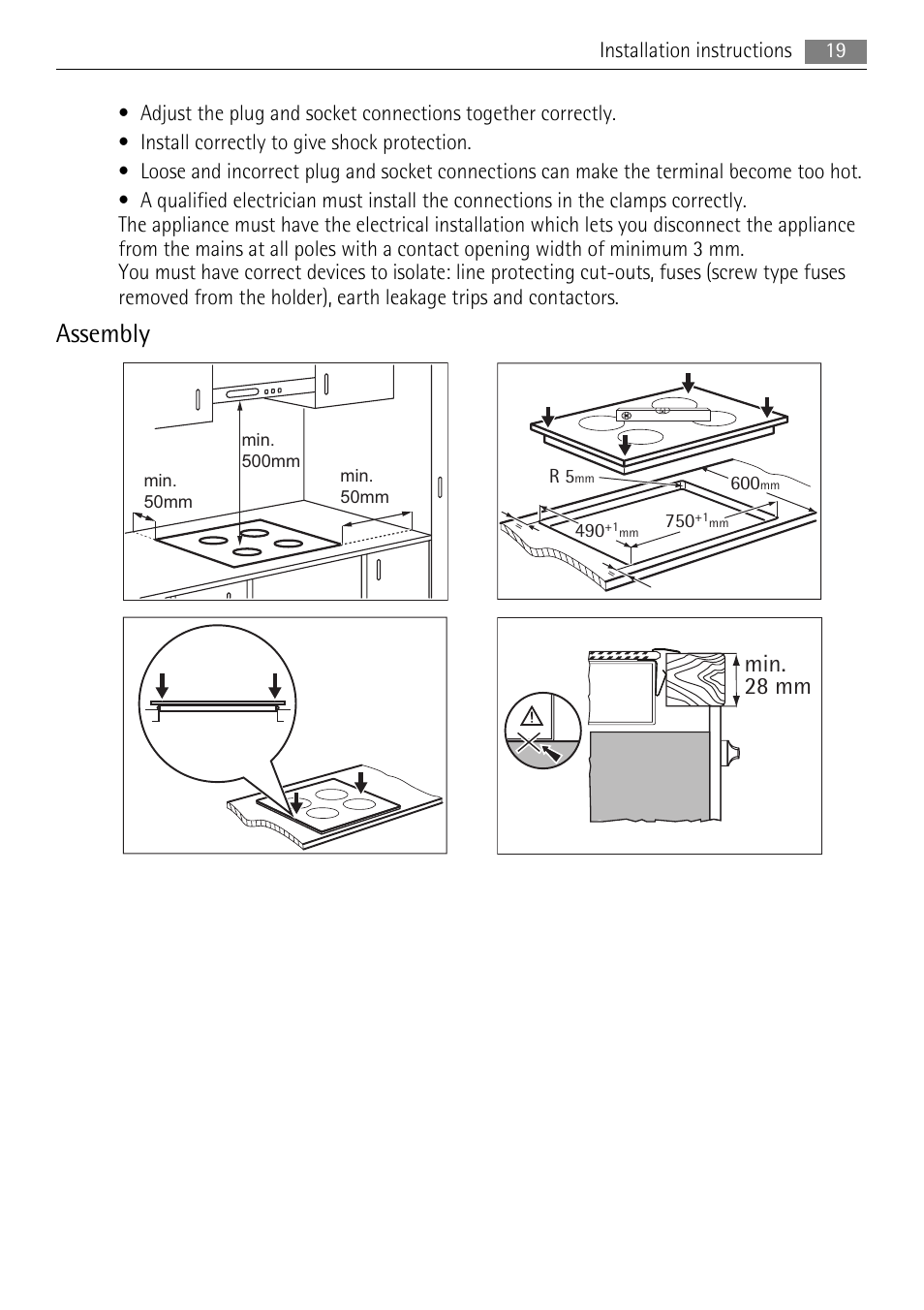 Assembly, Min. 28 mm | AEG HE634079XB User Manual | Page 19 / 68