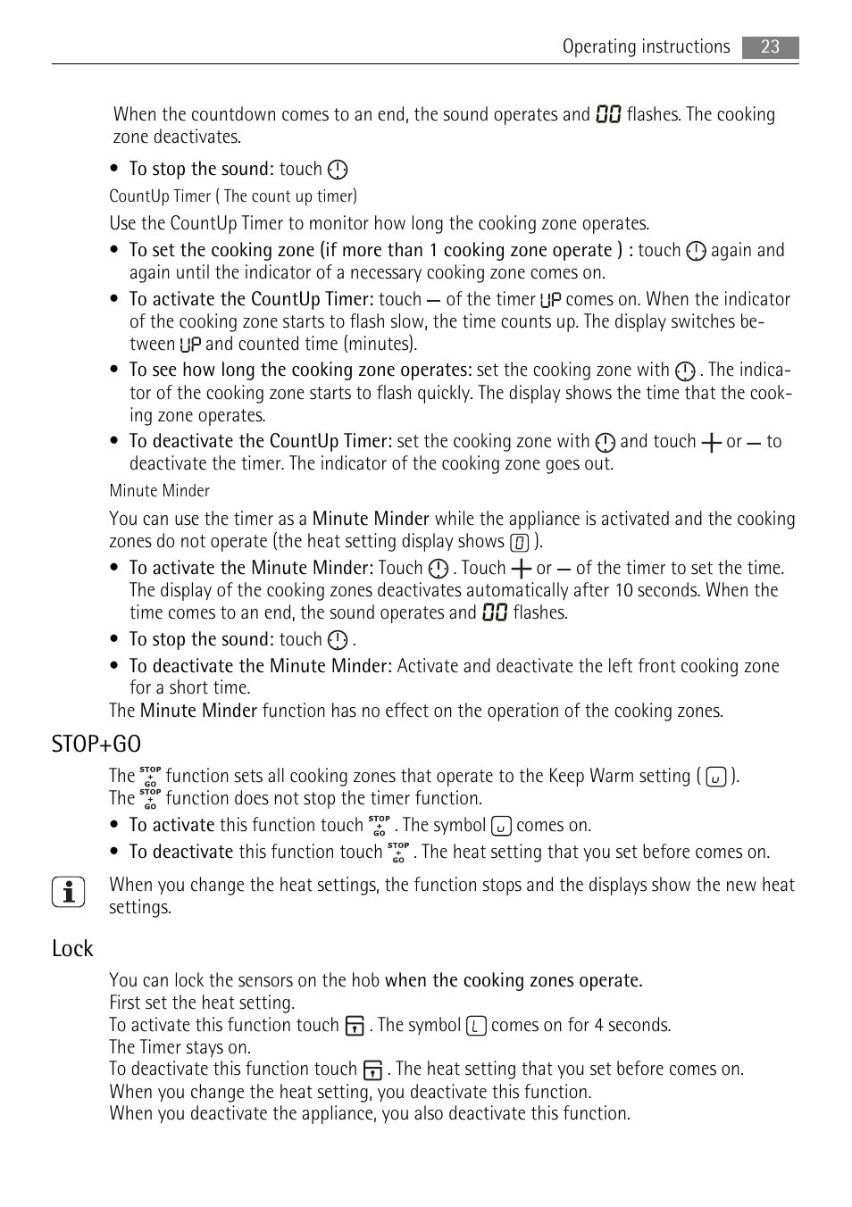 Stop+go, Lock | AEG HE634079XB User Manual | Page 23 / 68