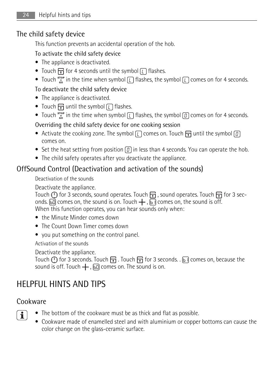 Helpful hints and tips, The child safety device, Cookware | AEG HE634079XB User Manual | Page 24 / 68