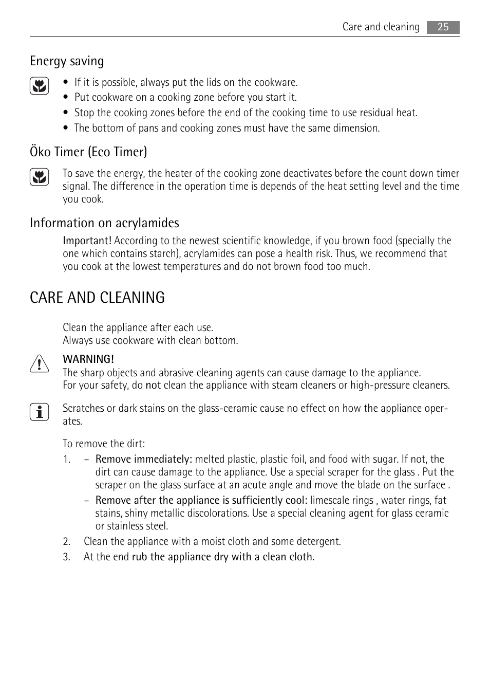 Care and cleaning, Energy saving, Öko timer (eco timer) | Information on acrylamides | AEG HE634079XB User Manual | Page 25 / 68