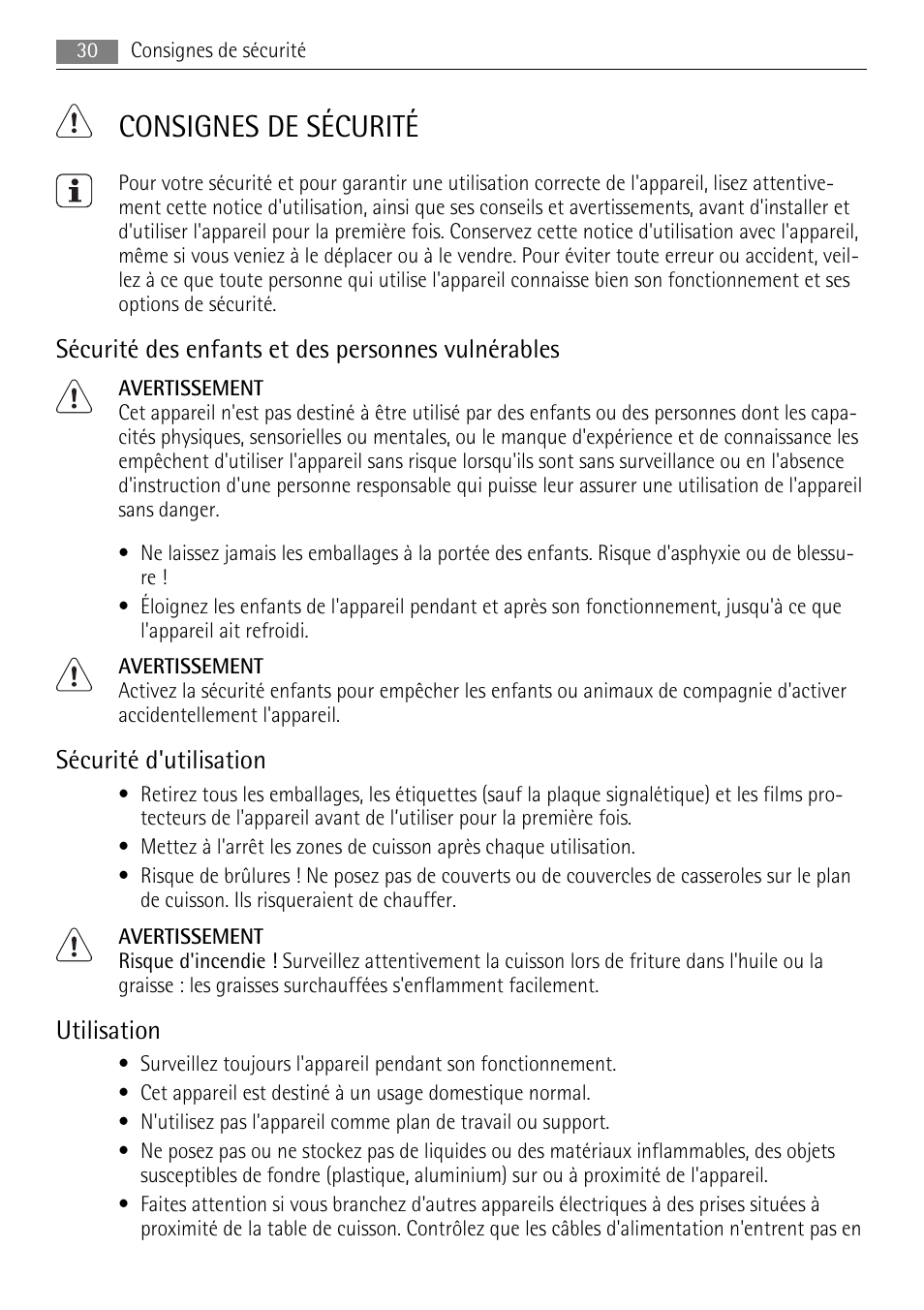 Consignes de sécurité, Sécurité des enfants et des personnes vulnérables, Sécurité d'utilisation | Utilisation | AEG HE634079XB User Manual | Page 30 / 68