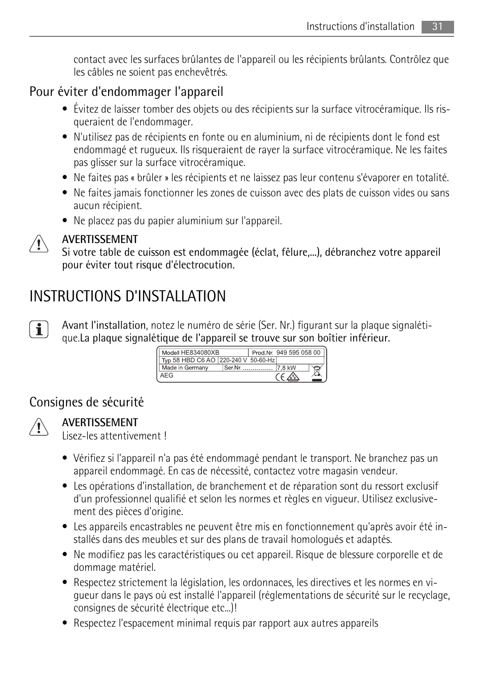 Instructions d'installation, Pour éviter d'endommager l'appareil, Consignes de sécurité | AEG HE634079XB User Manual | Page 31 / 68