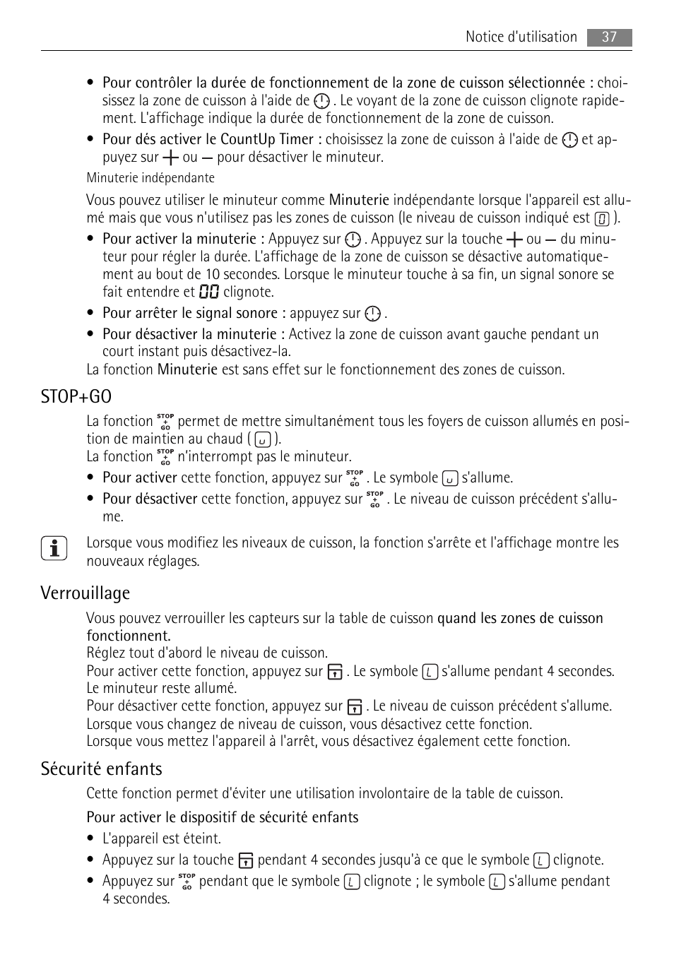 Stop+go, Verrouillage, Sécurité enfants | AEG HE634079XB User Manual | Page 37 / 68