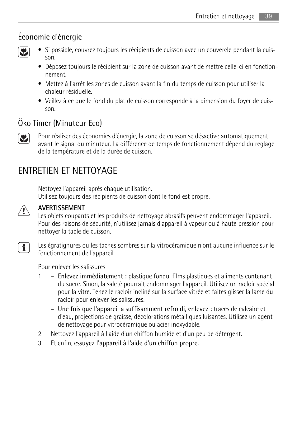 Entretien et nettoyage, Économie d'énergie, Öko timer (minuteur eco) | AEG HE634079XB User Manual | Page 39 / 68