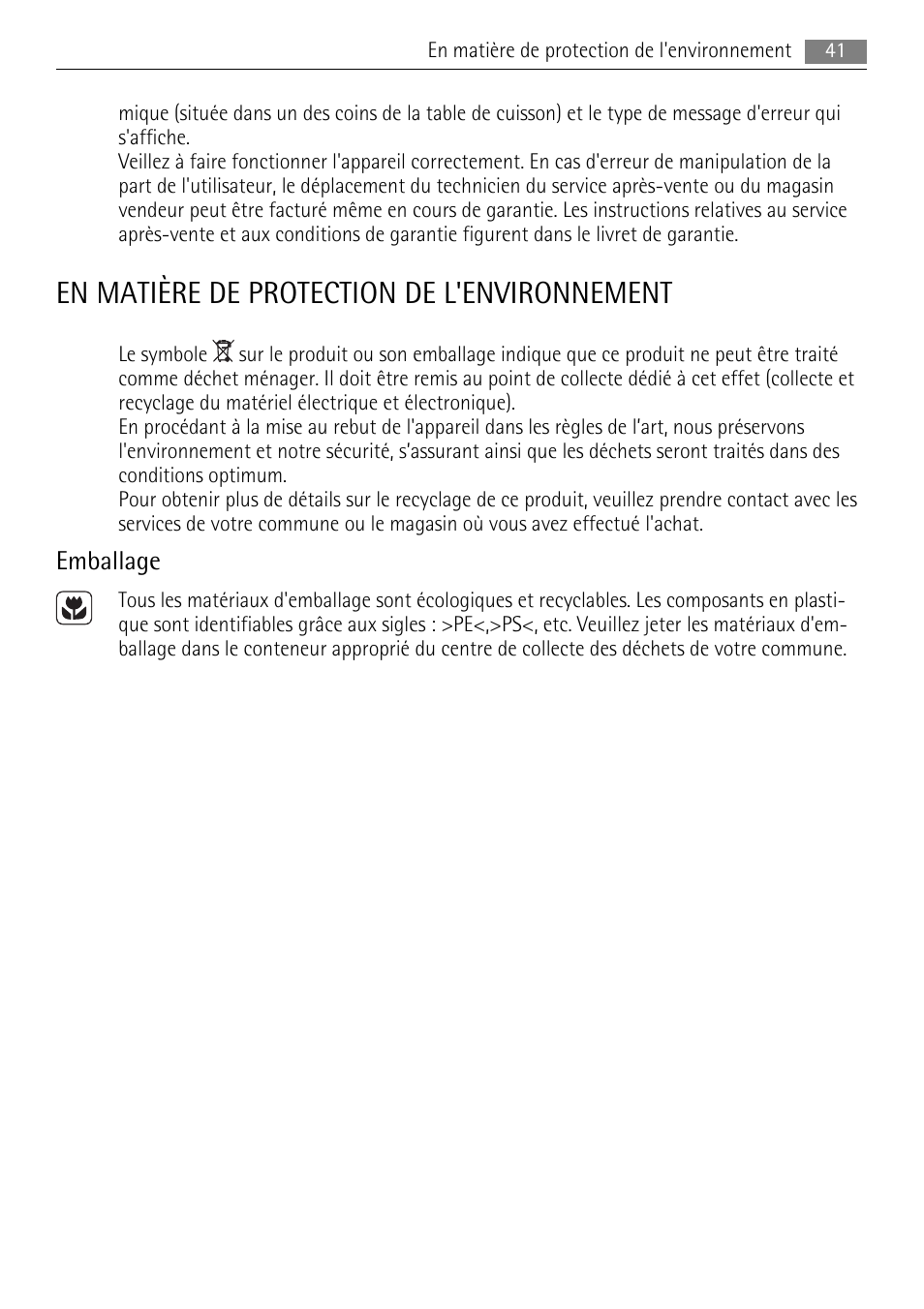 En matière de protection de l'environnement, Emballage | AEG HE634079XB User Manual | Page 41 / 68