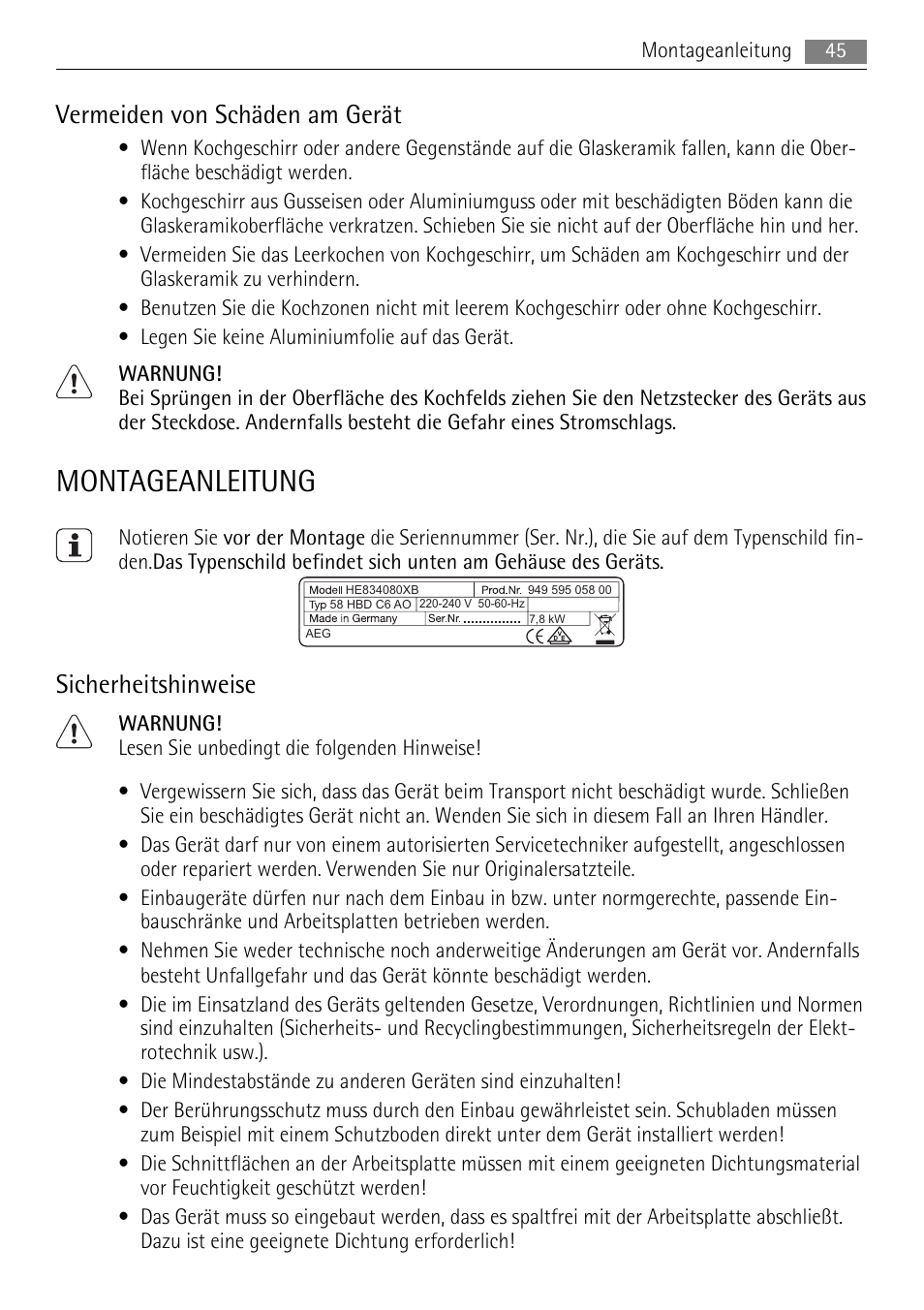 Montageanleitung, Vermeiden von schäden am gerät, Sicherheitshinweise | AEG HE634079XB User Manual | Page 45 / 68
