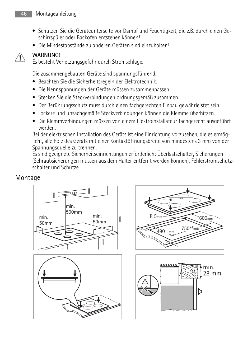 Montage, Min. 28 mm | AEG HE634079XB User Manual | Page 46 / 68