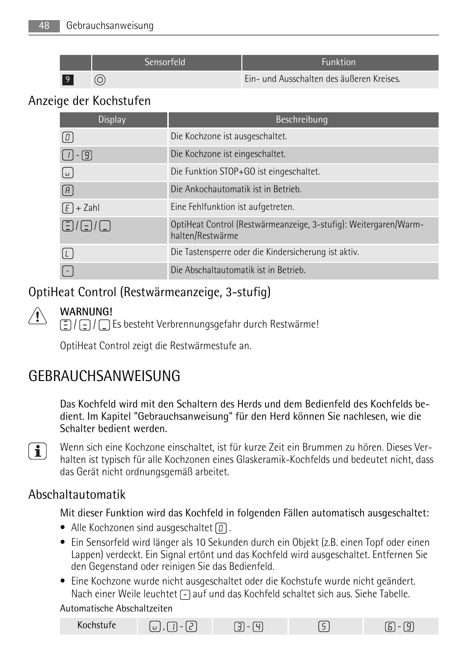 Gebrauchsanweisung, Anzeige der kochstufen, Optiheat control (restwärmeanzeige, 3-stufig) | Abschaltautomatik | AEG HE634079XB User Manual | Page 48 / 68