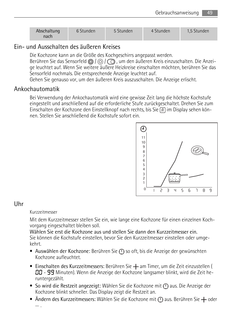 Ein- und ausschalten des äußeren kreises, Ankochautomatik | AEG HE634079XB User Manual | Page 49 / 68