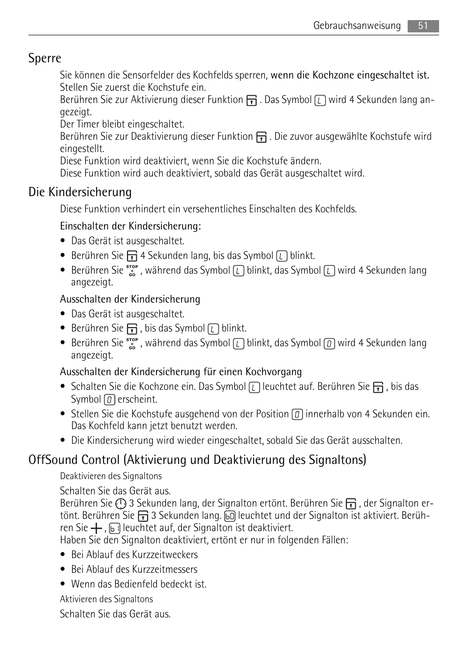 Sperre, Die kindersicherung | AEG HE634079XB User Manual | Page 51 / 68