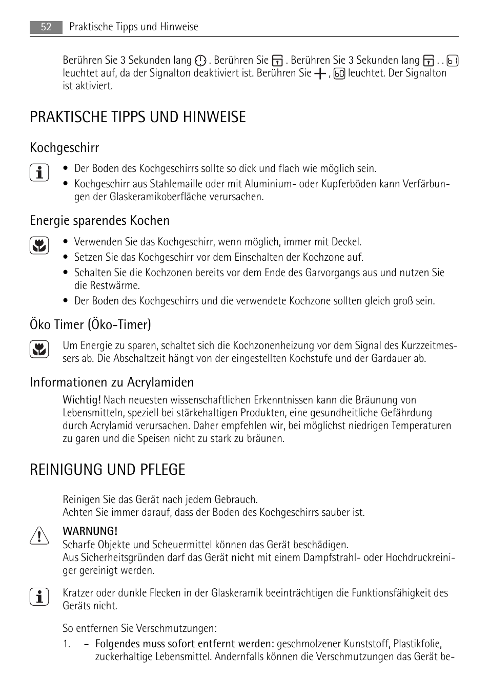 Praktische tipps und hinweise, Reinigung und pflege, Kochgeschirr | Energie sparendes kochen, Öko timer (öko-timer), Informationen zu acrylamiden | AEG HE634079XB User Manual | Page 52 / 68