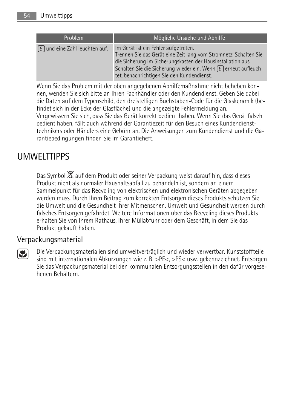 Umwelttipps, Verpackungsmaterial | AEG HE634079XB User Manual | Page 54 / 68