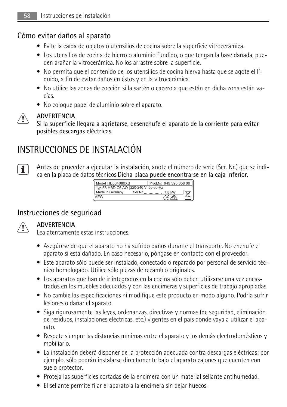 Instrucciones de instalación, Cómo evitar daños al aparato, Instrucciones de seguridad | AEG HE634079XB User Manual | Page 58 / 68