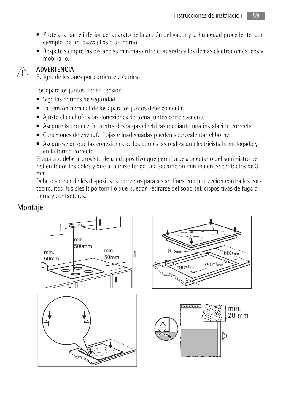 Montaje, Min. 28 mm | AEG HE634079XB User Manual | Page 59 / 68