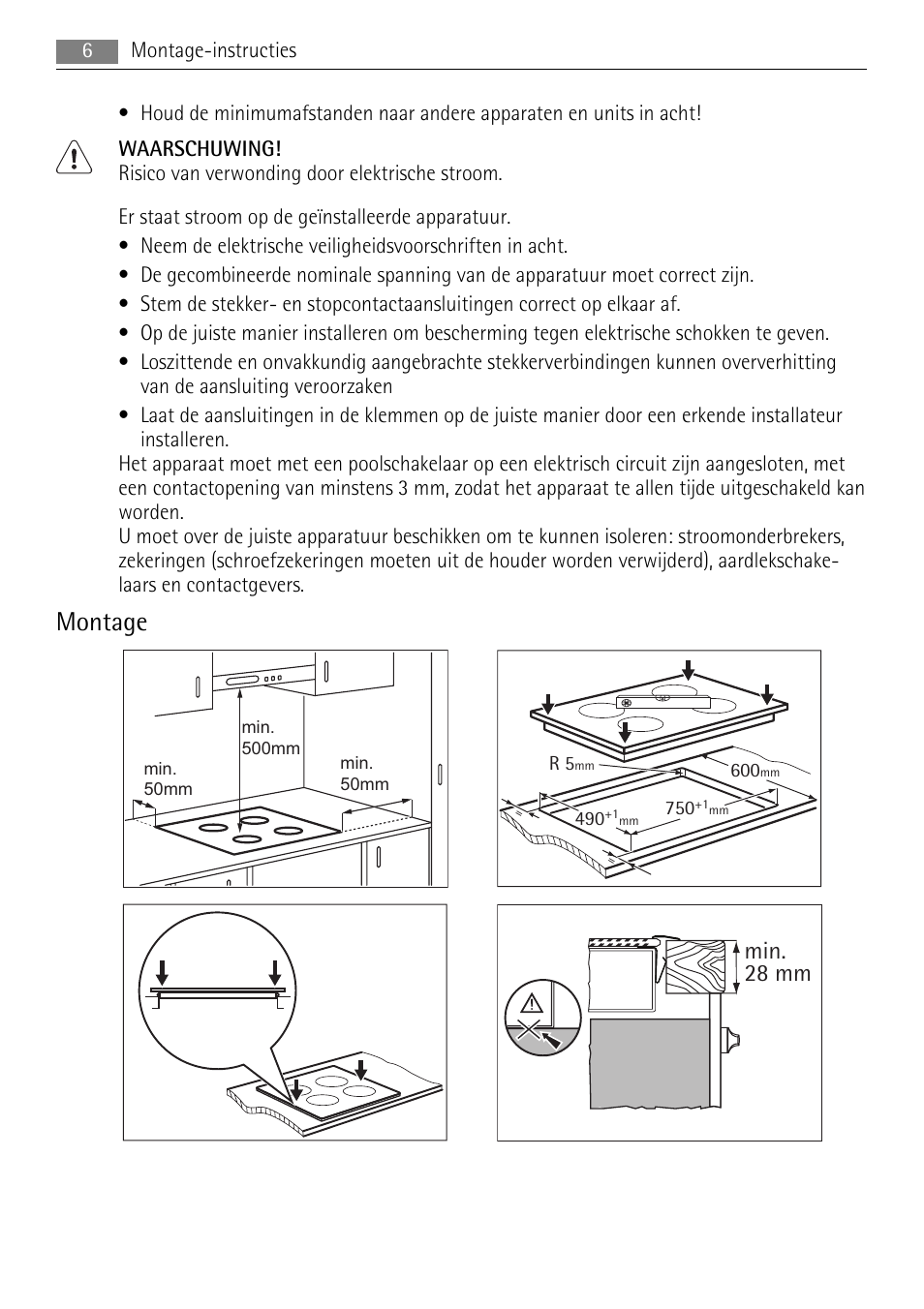 Montage, Min. 28 mm | AEG HE634079XB User Manual | Page 6 / 68