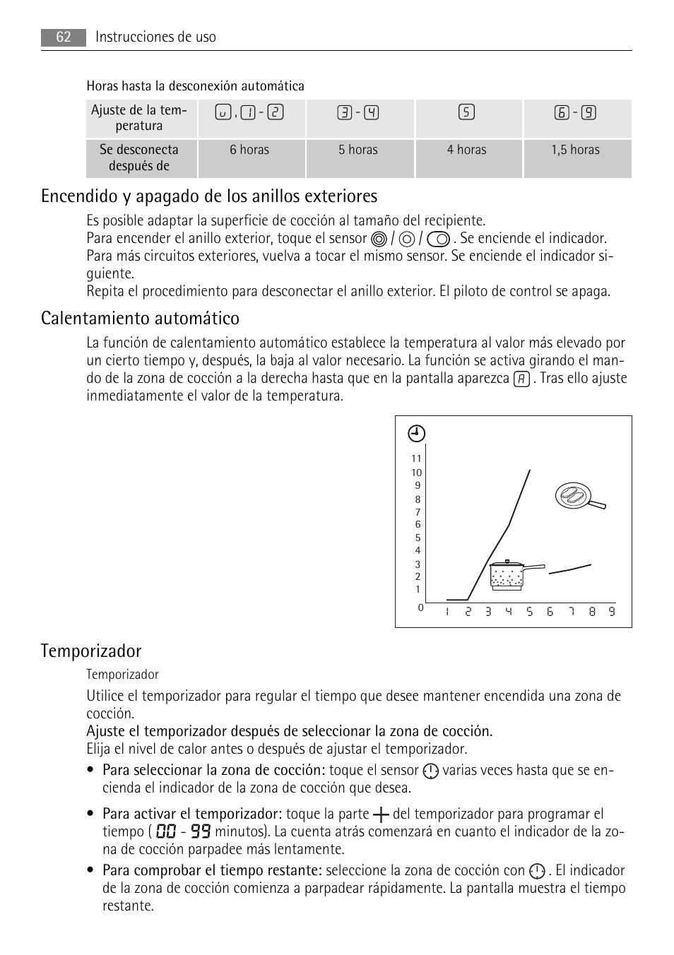 Encendido y apagado de los anillos exteriores, Calentamiento automático, Temporizador | AEG HE634079XB User Manual | Page 62 / 68