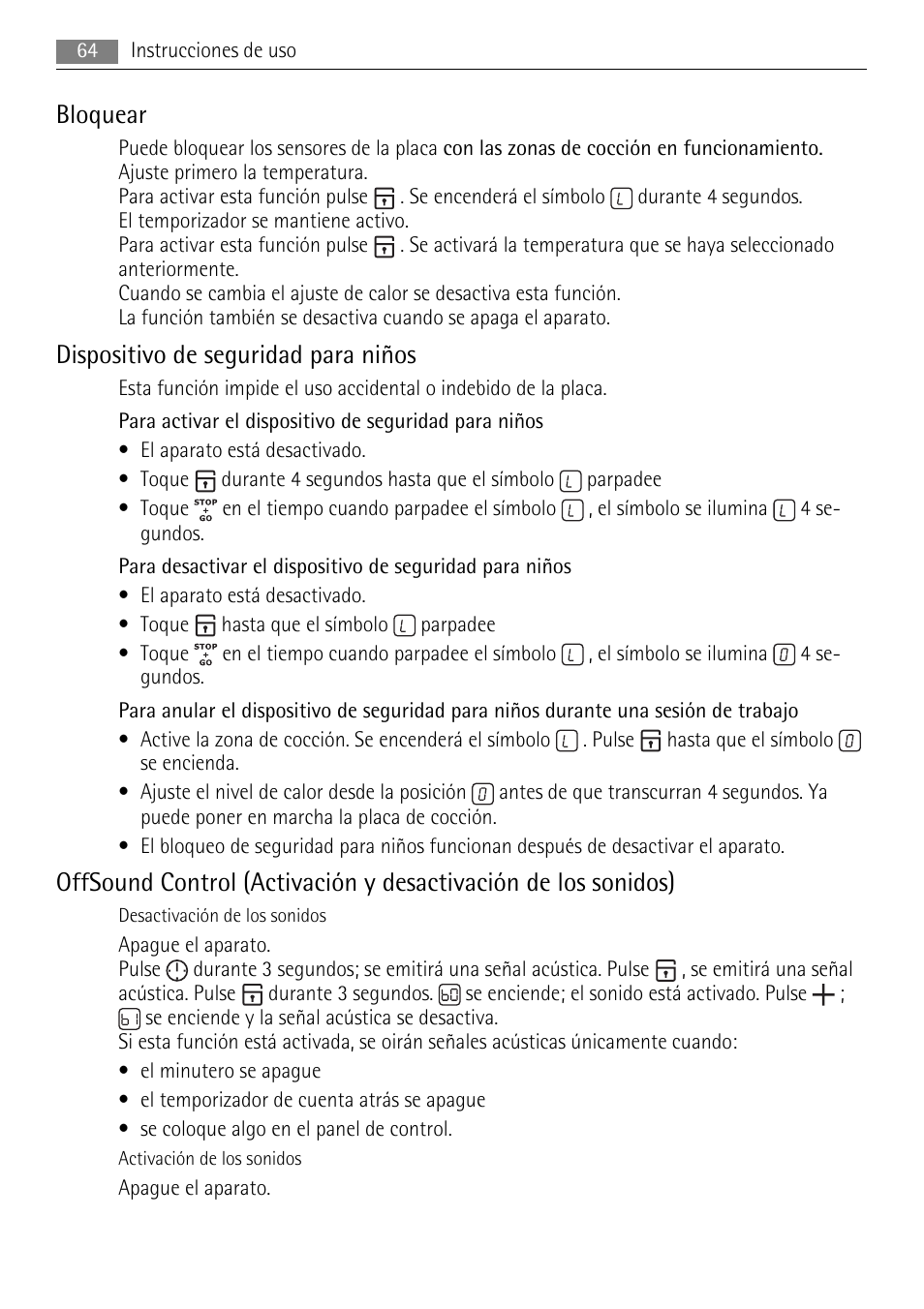 Bloquear, Dispositivo de seguridad para niños | AEG HE634079XB User Manual | Page 64 / 68