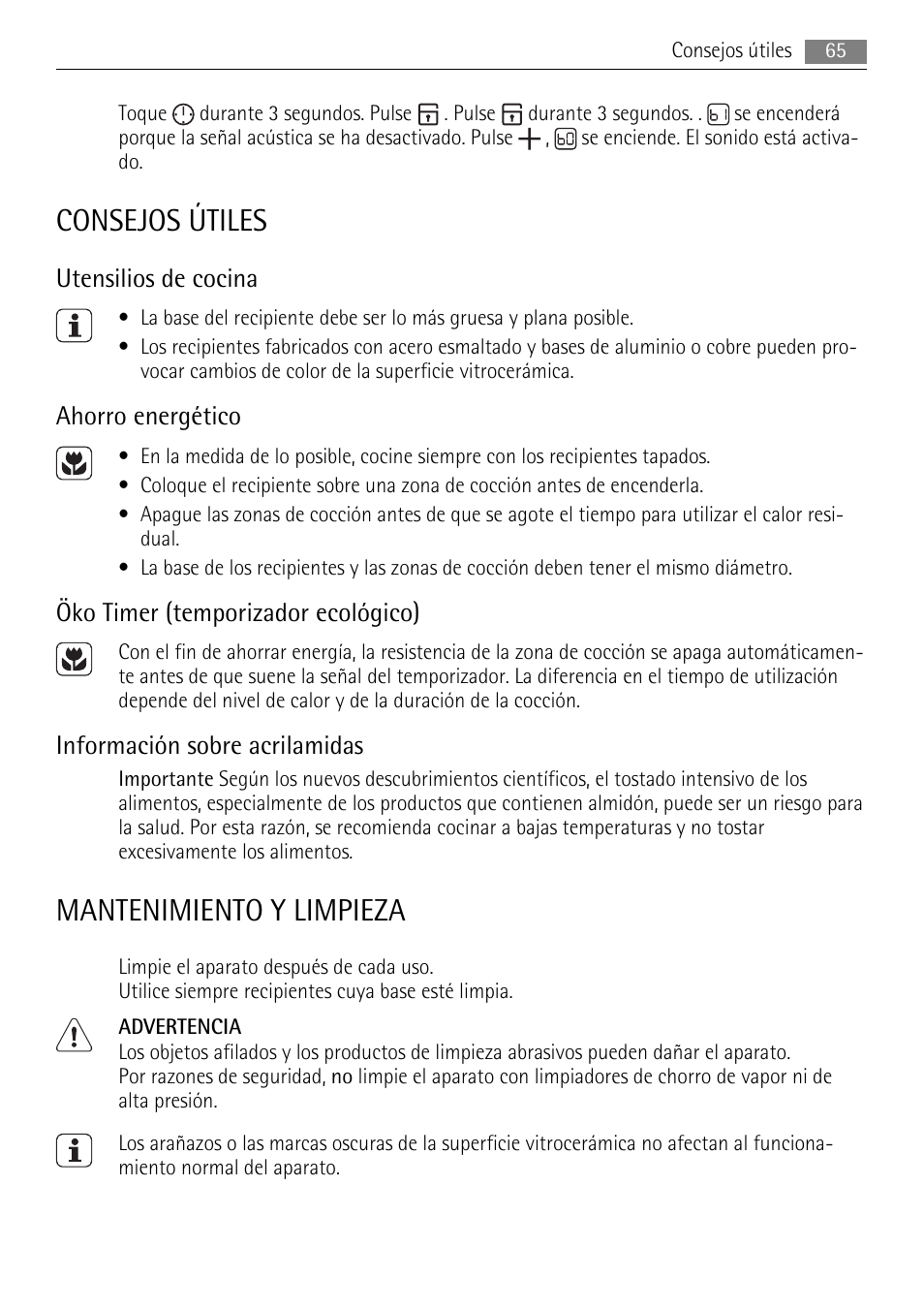 Consejos útiles, Mantenimiento y limpieza, Utensilios de cocina | Ahorro energético, Öko timer (temporizador ecológico), Información sobre acrilamidas | AEG HE634079XB User Manual | Page 65 / 68