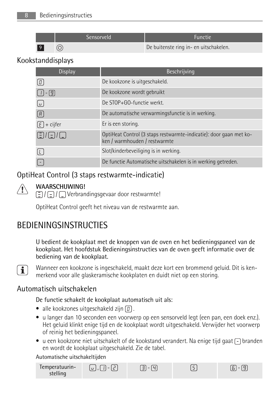 Bedieningsinstructies, Kookstanddisplays, Optiheat control (3 staps restwarmte-indicatie) | Automatisch uitschakelen | AEG HE634079XB User Manual | Page 8 / 68