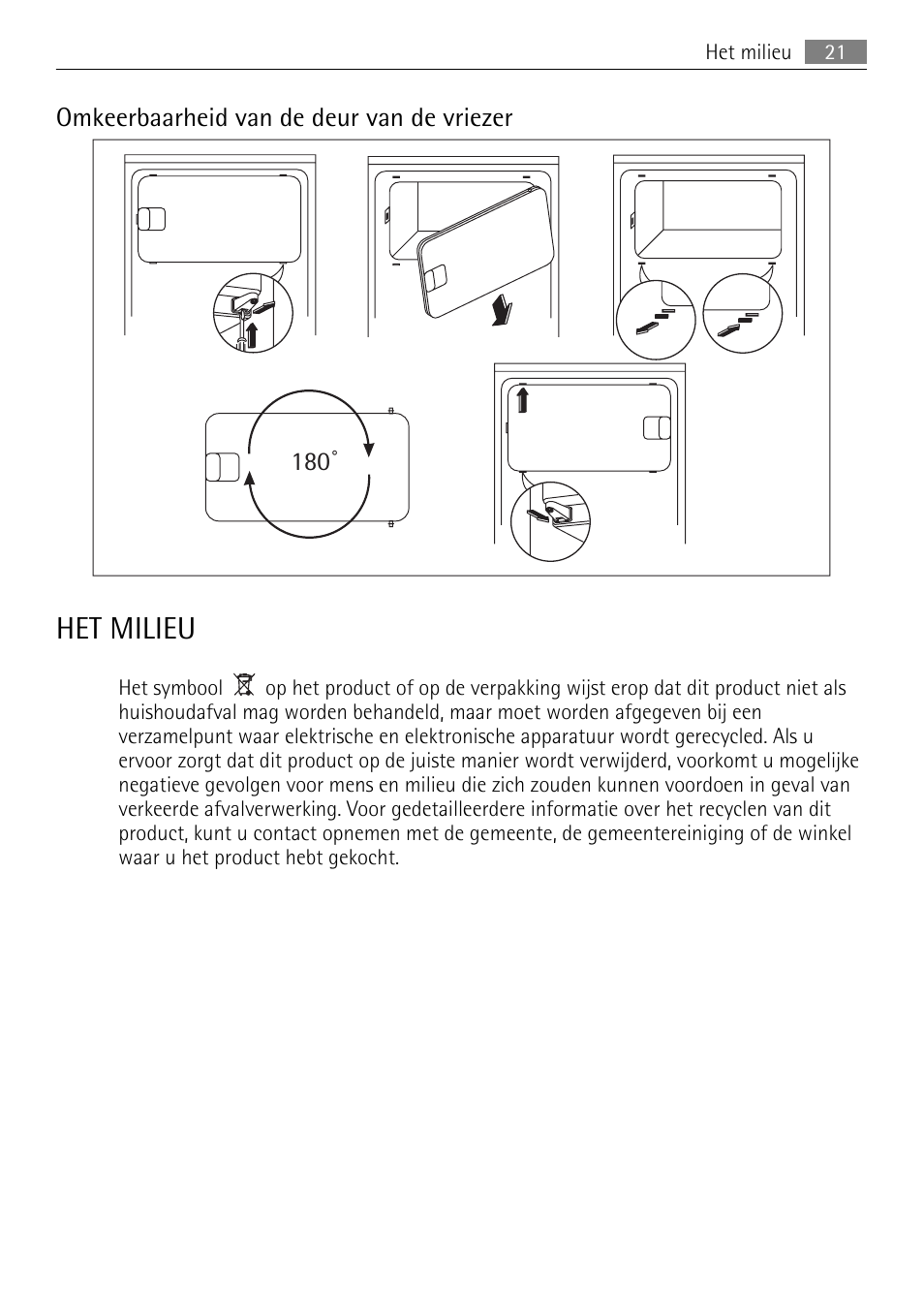 Het milieu, Omkeerbaarheid van de deur van de vriezer 180 | AEG SKS51240F0 User Manual | Page 21 / 84