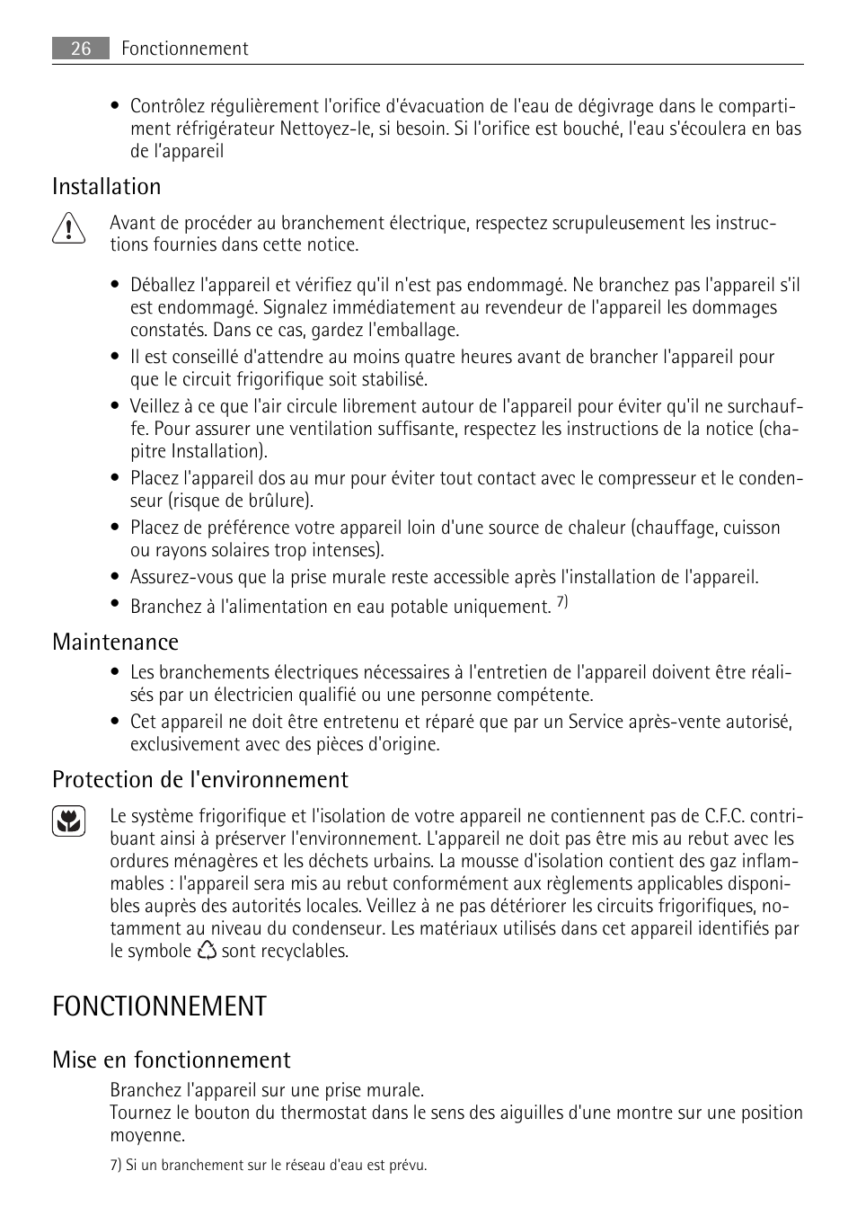 Fonctionnement, Installation, Maintenance | Protection de l'environnement, Mise en fonctionnement | AEG SKS51240F0 User Manual | Page 26 / 84