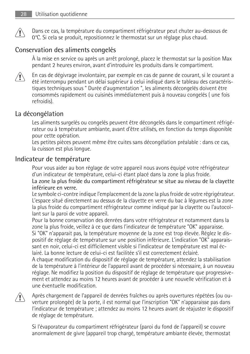 Conservation des aliments congelés, La décongélation, Indicateur de température | AEG SKS51240F0 User Manual | Page 28 / 84